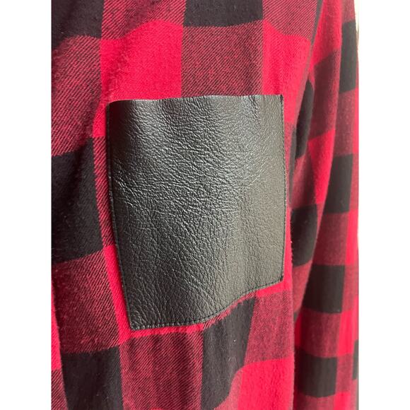Maje Buffalo Plaid Red Black Shirt with Leather Trim Size 1/ Small - Picture 4 of 6